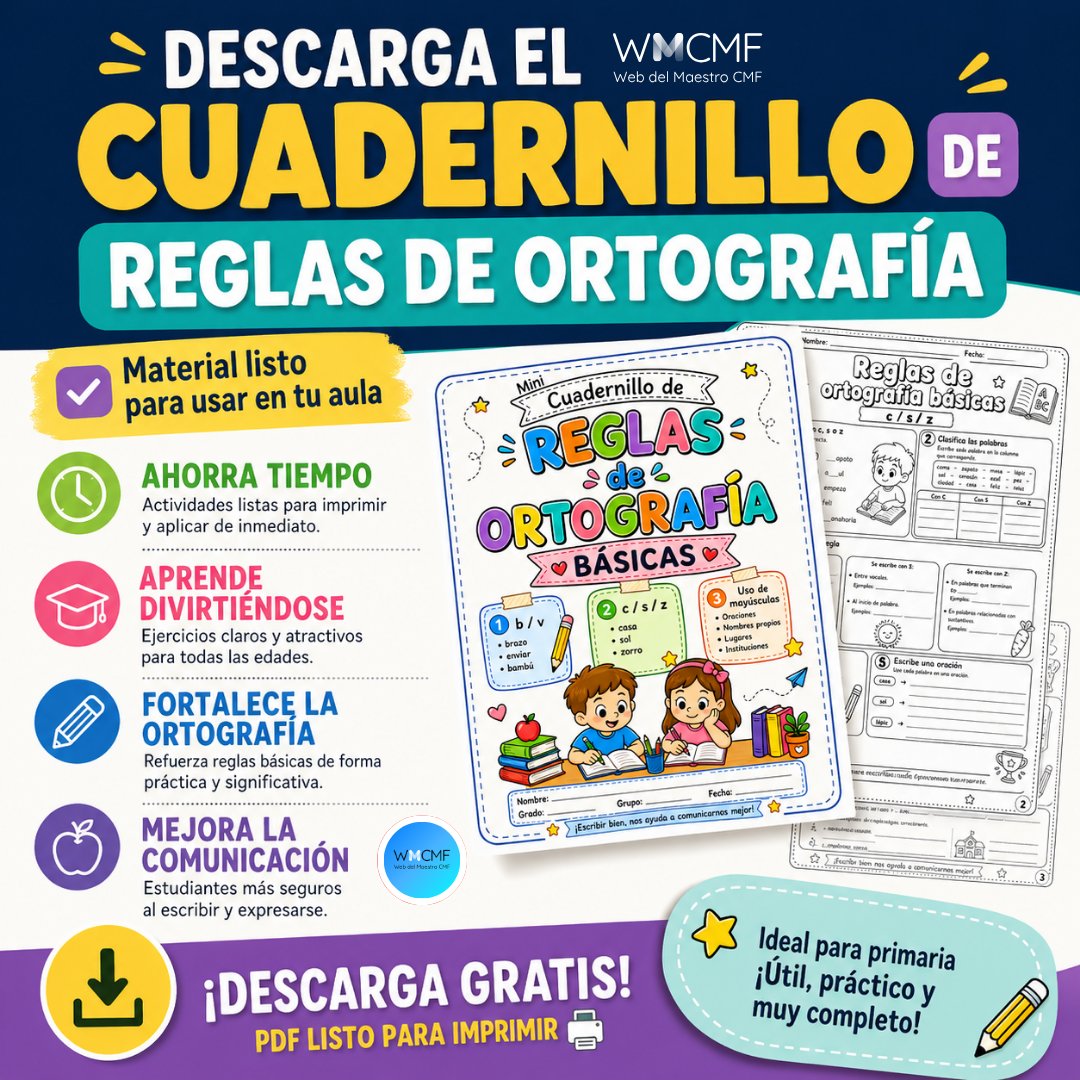 cmf_w's tweet photo. #Descarga #YoQuiero  ¡Maestros! 🎓 Tenemos un #NUEVO recurso gratuito: el #CUADERNILLO de #REGLAS de #ORTOGRAFÍA #BÁSICAS, con #ACTIVIDADES prácticas y claras, listo para aplicar de inmediato en el aula. Enlace de descarga: https://t.co/C1V4yVJwwy

👉 Esta imagen está protegida y no puede descargarse ni publicarse en otros perfiles. 📌✨ Para difundirla, usa el botón de compartir y así respetamos su difusión original. ¡Gracias por tu apoyo! 💙😊👈

🔹🔹🔹

📌 1. SUSCRÍBETE, APÓYANOS Y AYÚDANOS A CRECER: 
En la WMCMF todo lo que compartimos es gratuito. Si este espacio le aporta valor con información, materiales y recursos confiables, apóyenos para sostener el servicio. Suscríbase aquí:
https://t.co/PMo6VisHyL
 
📌 2. TE INVITAMOS A SEGUIR A: Jorge Mauricio
🌐 Facebook: https://t.co/MdGF3K5eWp
🌐 LinkedIn: https://t.co/mR6jaOtDah

📌 3. SÍGUENOS EN NUESTROS GRUPOS SOCIALES
📘 Facebook Web del Maestro CMF: https://t.co/tgHmQLlWvm
📘 Facebook WMCMF Play: https://t.co/Q0ezeI8zVy
📘 Facebook Maestros de Corazón Podcast Educativos: https://t.co/vHBKIdOupJ
💼 Grupo de profesionales en LinkedIn: https://t.co/5hLQXKszHg

📌 4. ÚNETE A NUESTROS CANALES
📢 Facebook (Canal ilimitado): https://t.co/fUTZCCQTmb
📢 WhatsApp (Canal oficial): https://t.co/gL0JARokwI
📢 Telegram (Cupo ilimitado): https://t.co/nqblXTp2FI

📌 5. SÍGUENOS EN NUESTRAS REDES SOCIALES
📘 Facebook Web del Maestro CMF: https://t.co/TrSQA58HfM
📘 Facebook Maestros de Corazón Podcast Educativos: https://t.co/bq7m9No2kx
📘 Facebook WMCMF Play: https://t.co/iC67su7YVg
🐦 Twitter: https://t.co/fXs8DmvuRH
💼 LinkedIn: https://t.co/81WOqo1RG3
📸 Instagram: https://t.co/0SN3ZGH3Go
🌀 Threads: https://t.co/Muj12nwjLy
🎵 TikTok: https://t.co/rW1cPzhUko
📘 LinkedIn: https://t.co/mR6jaOtDah

📌 6. TE INVITAMOS A SEGUIR A: Jorge Mauricio
🌐 Facebook: https://t.co/MdGF3K5eWp
🌐 LinkedIn: https://t.co/mR6jaOtDah