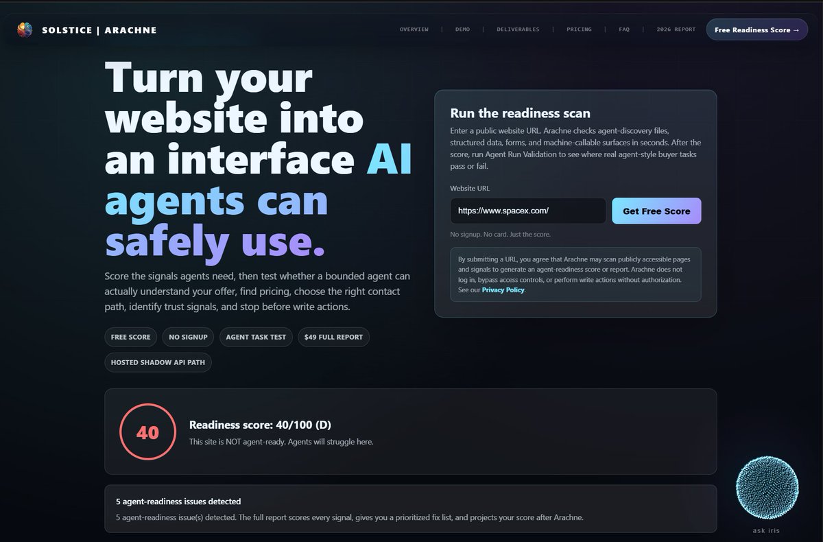 Solstiiiiiiice's tweet photo. @SpaceX I ran ran https://t.co/ToQU3ohzHX through Arachne.

AI-agent readiness: 40/100
Great site for humans. But agents may struggle with structured discovery, machine-readable context, and safe next-step routing.
The next web has to work for agents too.

https://t.co/8AXN18LTae https://t.co/J003YZQXbj