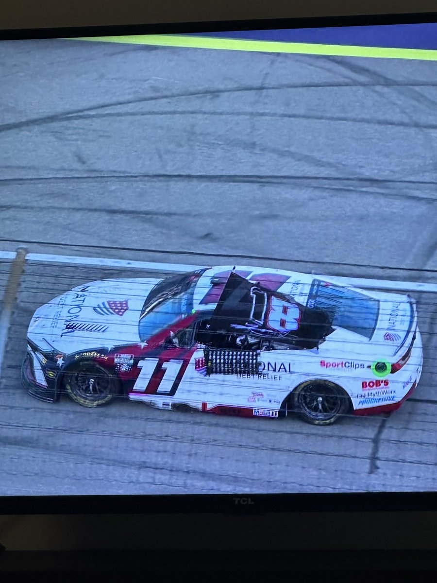 wxbrandon9's tweet photo. Moving moment for sure. @dennyhamlin ties Kyle Busch for cup series wins at 63.

Displays a Kyle Busch flag out the window with the ole Polish Victory Lap.

Burns it down afterwards. Just a touching scene. https://t.co/1dETcquGvJ