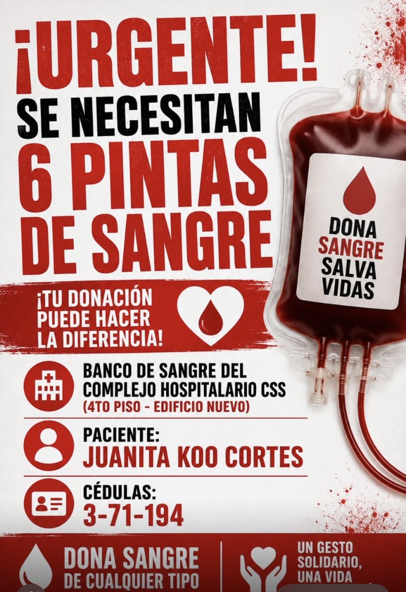angelicamaytin's tweet photo. Hoy vuelvo a pedir una donación de sangre. La Sra. Juanita Koo, de 73 años fue embestida por un auto que se dio a la fuga, el jueves 4 de junio a las 07:19 p.m. Ya fue intervenida quirúrgicamente, pero el jueves regresa a cirugía. @ATTTPanama @policiadepanama https://t.co/Lsm0UCqK2H