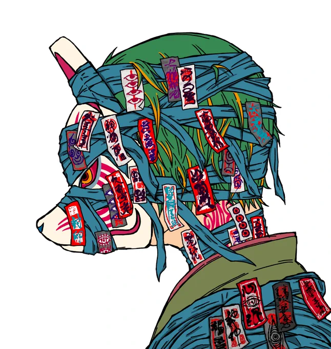 今回のお札はこの狐面作る為 古い絵を見返したら結構お札ベタベタ貼ってある絵を描いてた