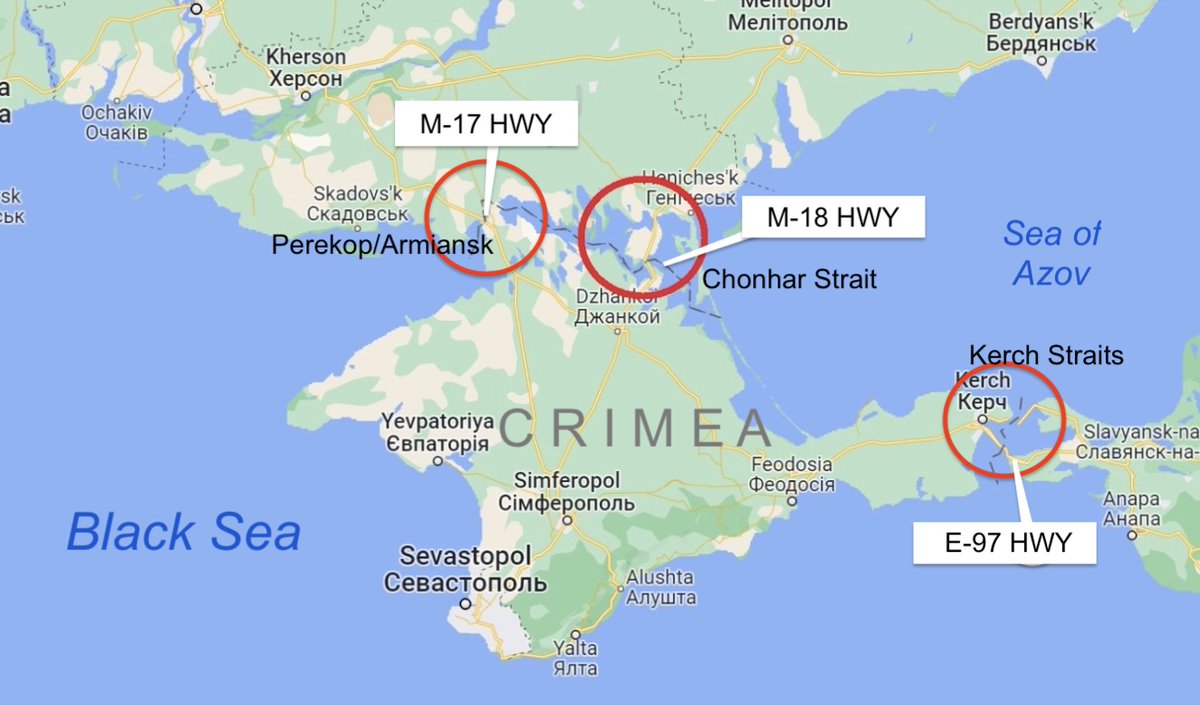 ChuckPfarrer's tweet photo. SLENDER LINKS:  Only three axes exist to supply, support &amp; reinforce Russian forces in Crimea.  The M-18 bridge has been attacked and is down, the Kerch Bridge is damaged and limited in loads it can accommodation and the M-17 HWY is vulnerable and increases trip distances. https://t.co/TUL6OamkIr