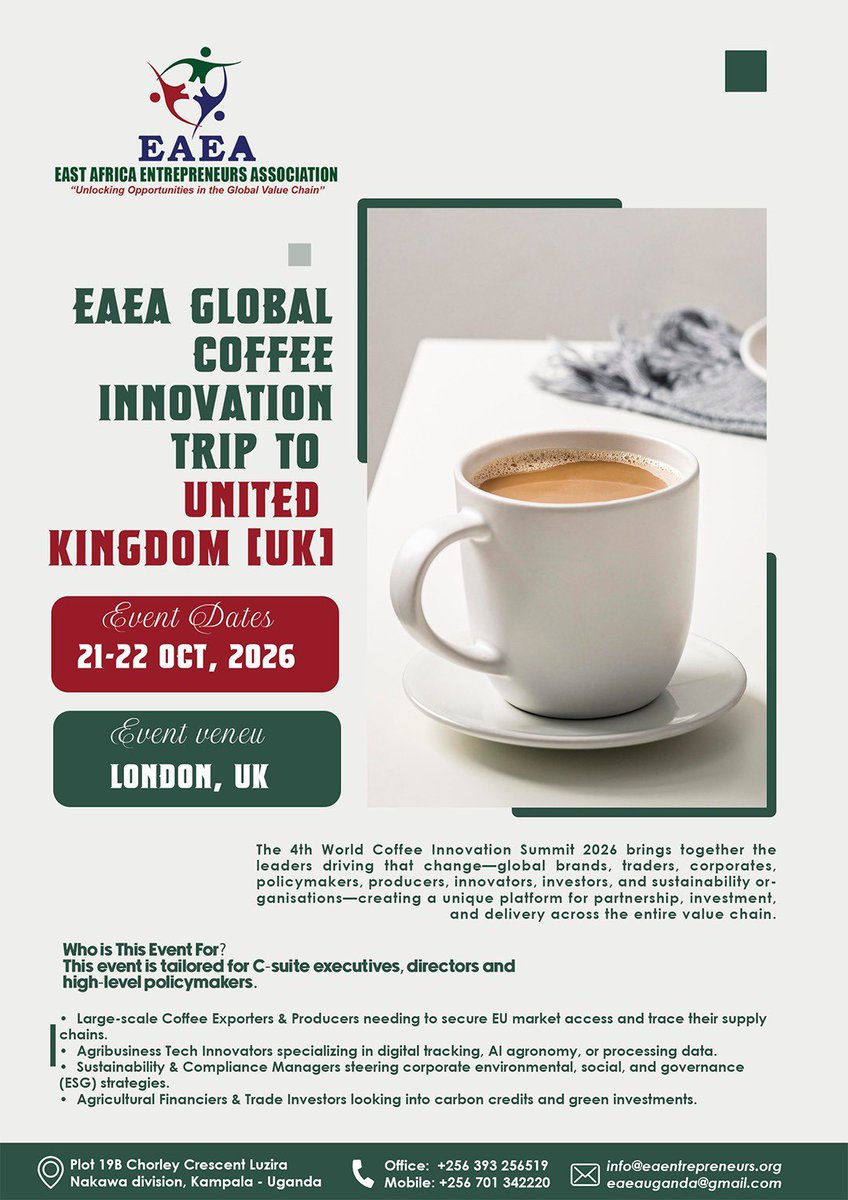 EAEntrepreneurs's tweet photo. Ugandan coffee is meeting EU standards—be part of the journey! @EAEntrepreneurs
📩 eaeauganda@gmail.com
📞 0701 342220 | 0779 698375
Join EAEA today. Let’s fly together! ✈️🌍
#EAEAglobal #BusinessGrowth #LetsFlyTogether #EACoffee #sdgs4partnerships #sdgs4partnerships https://t.co/Sq3lAvTGVl
