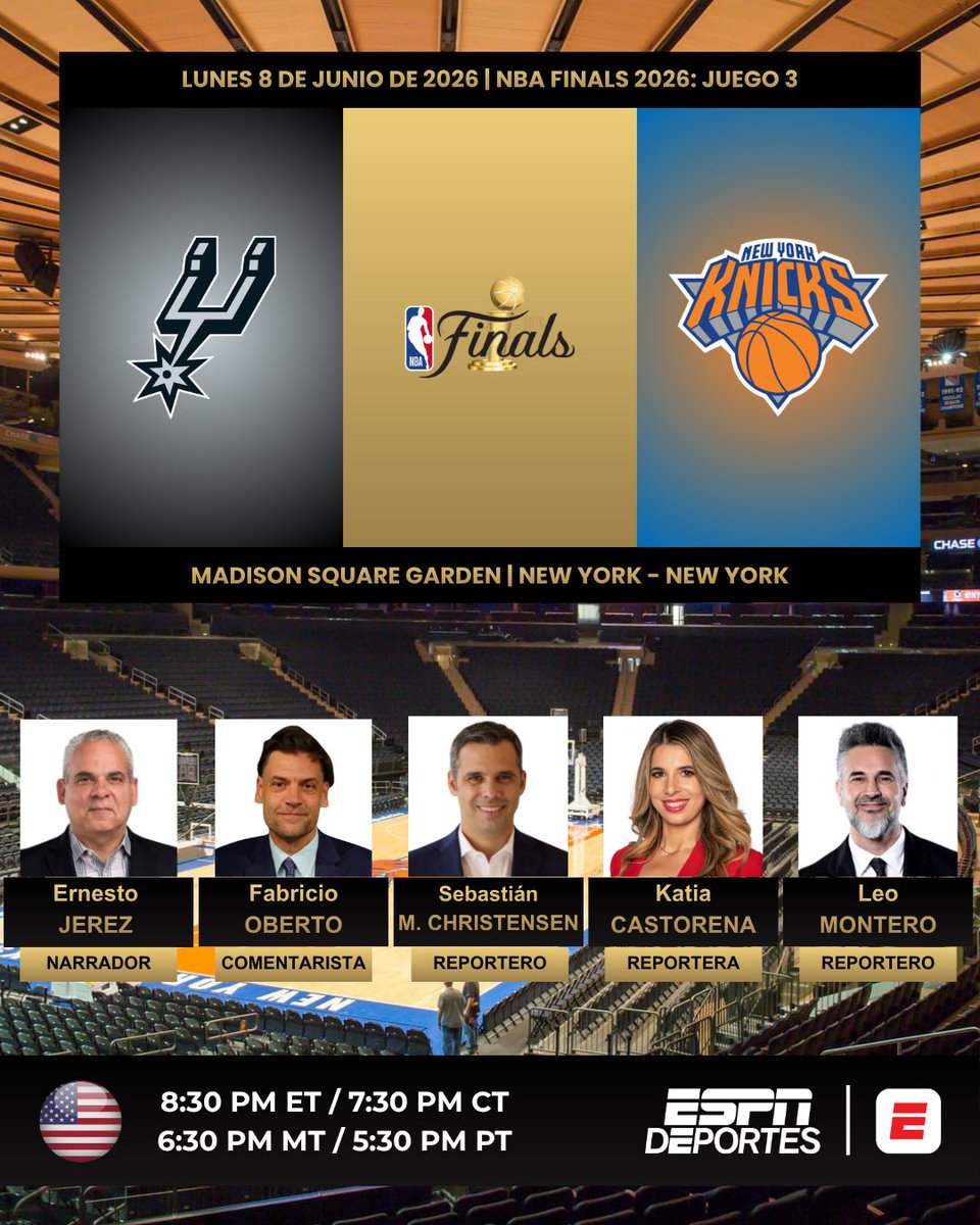 ProgramacionUS's tweet photo. 🏀 #NBA - #NBAFinals (Juego 3) | #Spurs vs. #Knicks

🎙️Narrador: @EJerezESPN
🎙️Comentarista: @obricio7
🎙️Reporteros: @SebastianMCESPN - @KatiaCastorena - @soyleomontero
📺 @ESPNDeportes 🇺🇸
💻📱#ESPNApp y @DisneyPlus 🇺🇸

#️⃣ #NBAxESPN - #ESPNApp https://t.co/27fJe2lwat