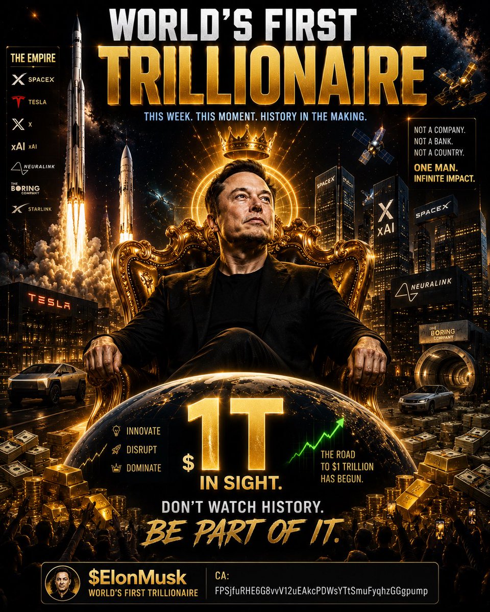 fatherofsatosh1's tweet photo. People spent years fading Tesla.
Then SpaceX.
Then AI.

Soon they’ll be forced to price in something even bigger:

The world’s first trillionaire.

$ElonMusk

CA:
FPSjfuRHE6G8vvV12uEAkcPDWsYTtSmuFyqhzGGgpump

Don’t say nobody told you.
👀 https://t.co/xcUK638aU4