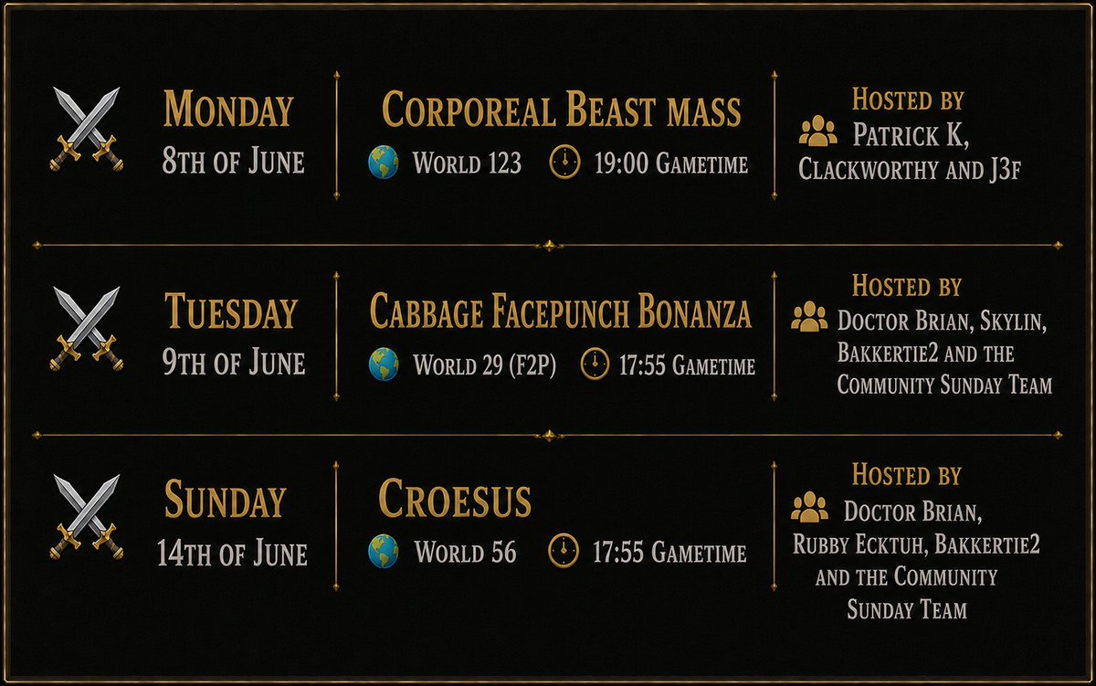 RSGGatherings's tweet photo. Here’s what’s happening this week at Community Sunday!

Want to join our community?  https://t.co/nHGjNPeSjF 

#RuneScape #RS3 https://t.co/L65oeT0sMd