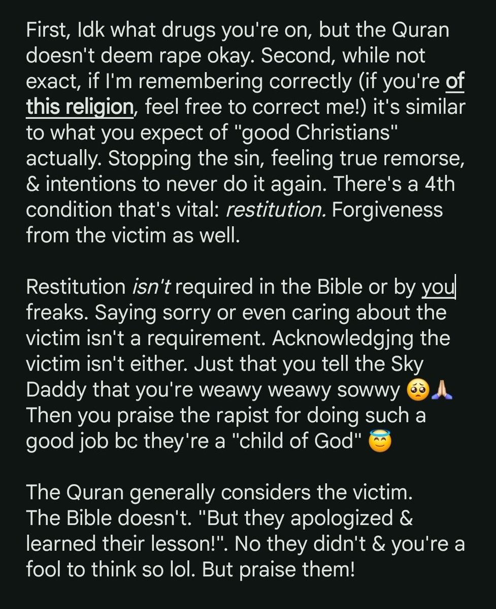 CadaverCryptid's tweet photo. @DeTruth9979 @yoasuuw @JuicyOrphans57 @connorlucht1 @wayveeofficial @15x0xx I hate to burst your bubble.. Oh wait no I don't 🤷🏻‍♀️

I am not religious &amp; idc, but go ahead! Say it with your whole chest that you're a rape apologist, my dude! https://t.co/d3bCguZvf5