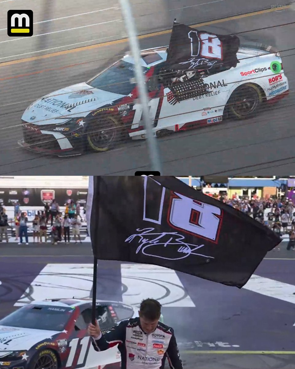 CStangelo's tweet photo. RT @Motorsport: "We love you, KB."🥺

On his victory lap, Denny Hamlin carried a flag honoring Kyle Busch. https://t.co/VHVEIjgERe