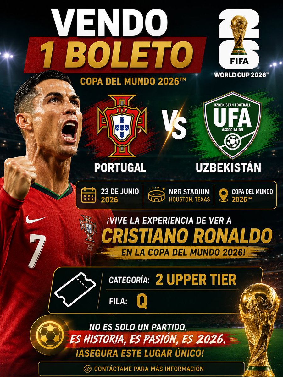 DimeAlets's tweet photo. Vendo 1 boleto para Portugal vs Uzbekistán 

Houston, TX

Categoría 2

$600 USD https://t.co/WdyzSKuXf3