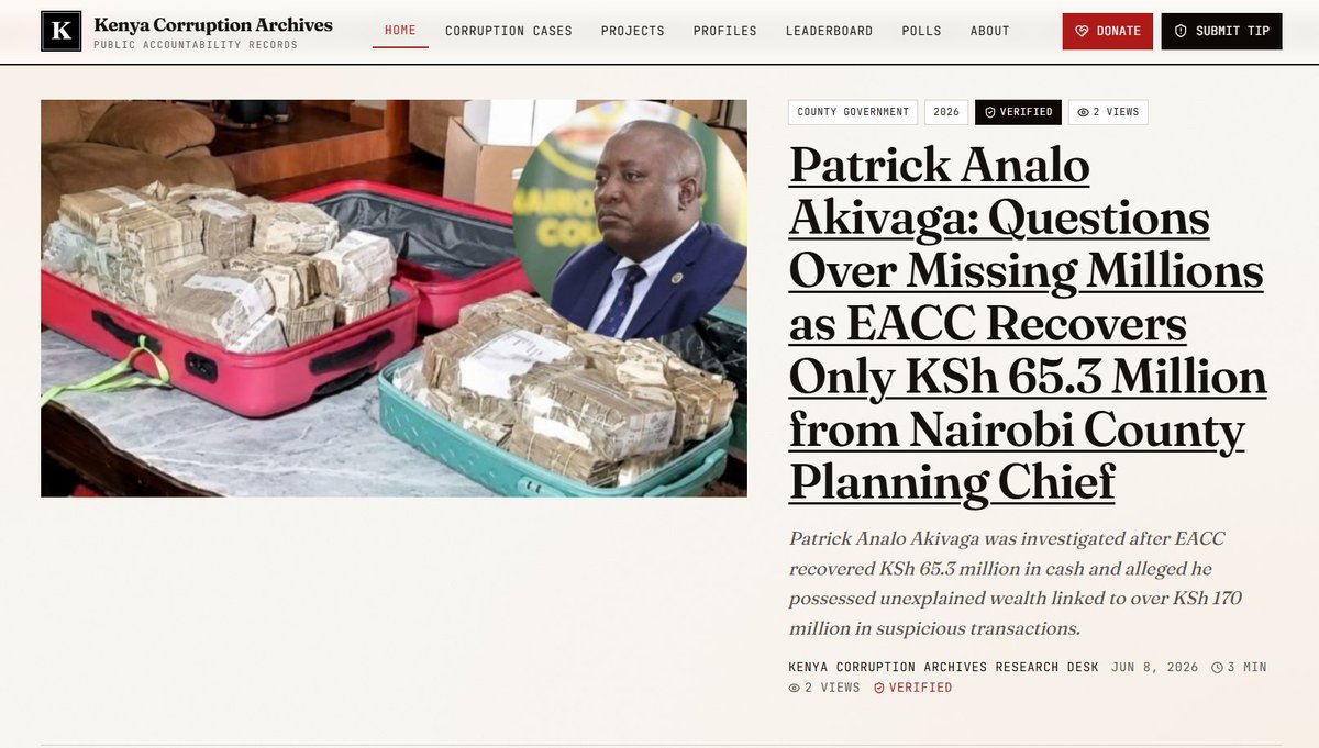 KC_Archives's tweet photo. We thank the public for filing in the Ksh 65.3 Million case, Patrick Analo Akivanga case file is open and tracked.

We help Kenyans remember all corruption cases and funds stolen . 

#KenyaCorruptionArchives https://t.co/zDS4wg7cUS
