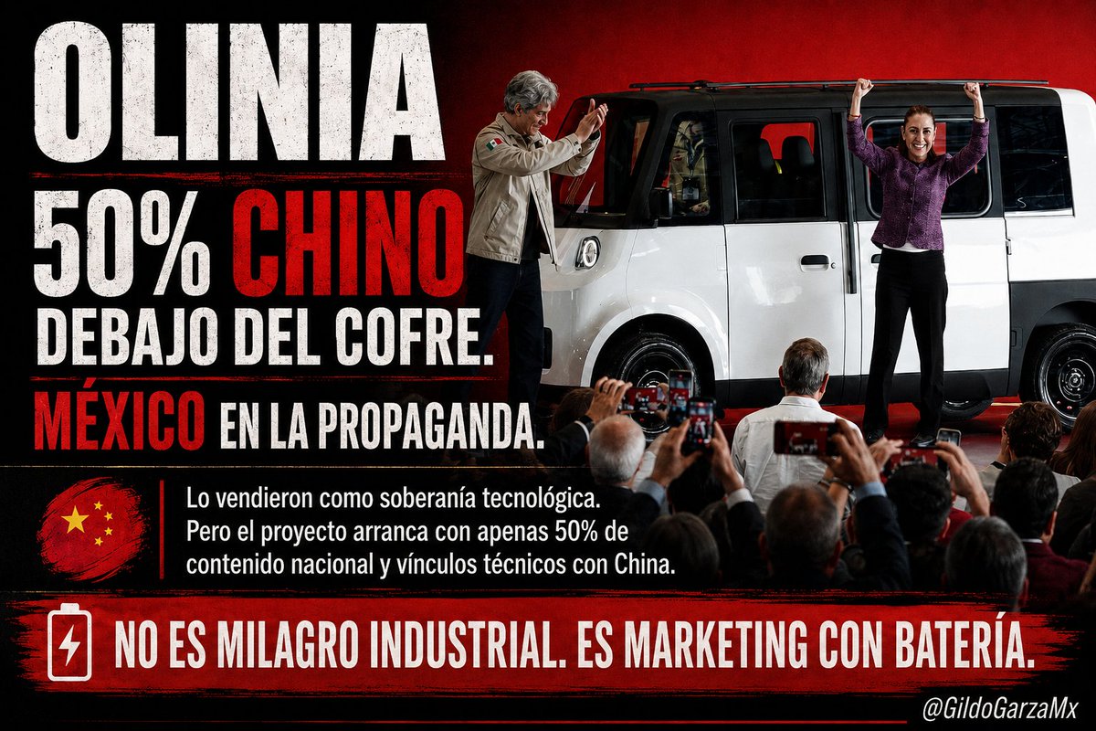 GildoGarzaMx's tweet photo. 🟥#Investigación | Chairos, se la tragaron de nuevo.

Claudia le vendió Olinia a #México como si fuera el gran despertar de la industria mexicana, pero debajo del discurso patrio aparece el mismo truco de siempre: propaganda con bandera, nombre en náhuatl y tecnología que no nació aquí.

El gobierno lo presume como “auto mexicano”, pero el propio proyecto ya reconoce que arrancaría con apenas 50% de contenido nacional. Es decir: la mitad del vehículo no se sostiene con soberanía, se sostiene con cadena extranjera, proveeduría global y una sombra incómoda que atraviesa todo el proyecto: China.

Ese es el dato que les rompe el cuento.

Porque mientras en la mañanera lo vistieron como milagro industrial, los reportes apuntan a vínculos técnicos con fabricantes chinos como Henrey y Dayang, empresas ligadas a la lógica de los microvehículos eléctricos de baja velocidad: chasis sencillo, estructura tipo caja, tren motriz básico, suspensión compacta, dirección ligera y plataforma urbana barata.

Lo mexicano queda en otra parte: ensamble, adaptación, interiores, software, narrativa visual, logo, nombre bonito y discurso de soberanía manufacturera.

No es malo usar tecnología extranjera. Lo hacen todas las industrias serias.

Lo miserable es mentirle al país y vender como independencia tecnológica lo que en realidad parece dependencia maquillada.

Olinia fue anunciado como el coche del pueblo: velocidad limitada a 50 km/h, autonomía cercana a 125 kilómetros, precio prometido de 150 mil pesos y producción hasta 2027. Pero hasta ahora no hay una cadena nacional completa, no hay transparencia total de proveedores, no hay desglose público de componentes y el famoso 70% mexicano no es realidad: es una promesa para 2030.

Entonces no, no estamos frente al “Tesla mexicano”.

Estamos frente a otro montaje de Palacio: 50% contenido nacional reconocido, vínculos técnicos chinos debajo del cofre y 100% propaganda presidencial encima.

Le pusieron bandera, liebre con alas y discurso de patria.

Pero Olinia huele a lo de siempre: China en la estructura, México en la calcomanía y Claudia en la mentira.