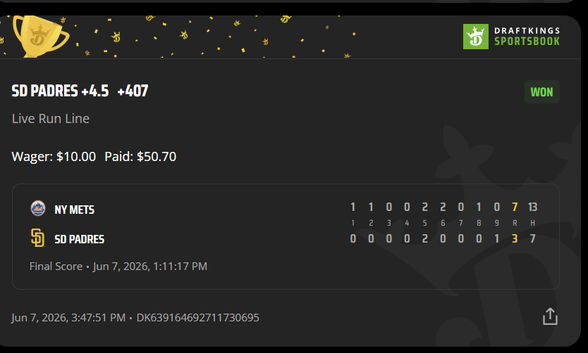 SportChartz's tweet photo. Stuck with the wedge and it PAID +407
It looked like at least one run would be scored and thats all you needed ! https://t.co/cGCHZ1uv2W
