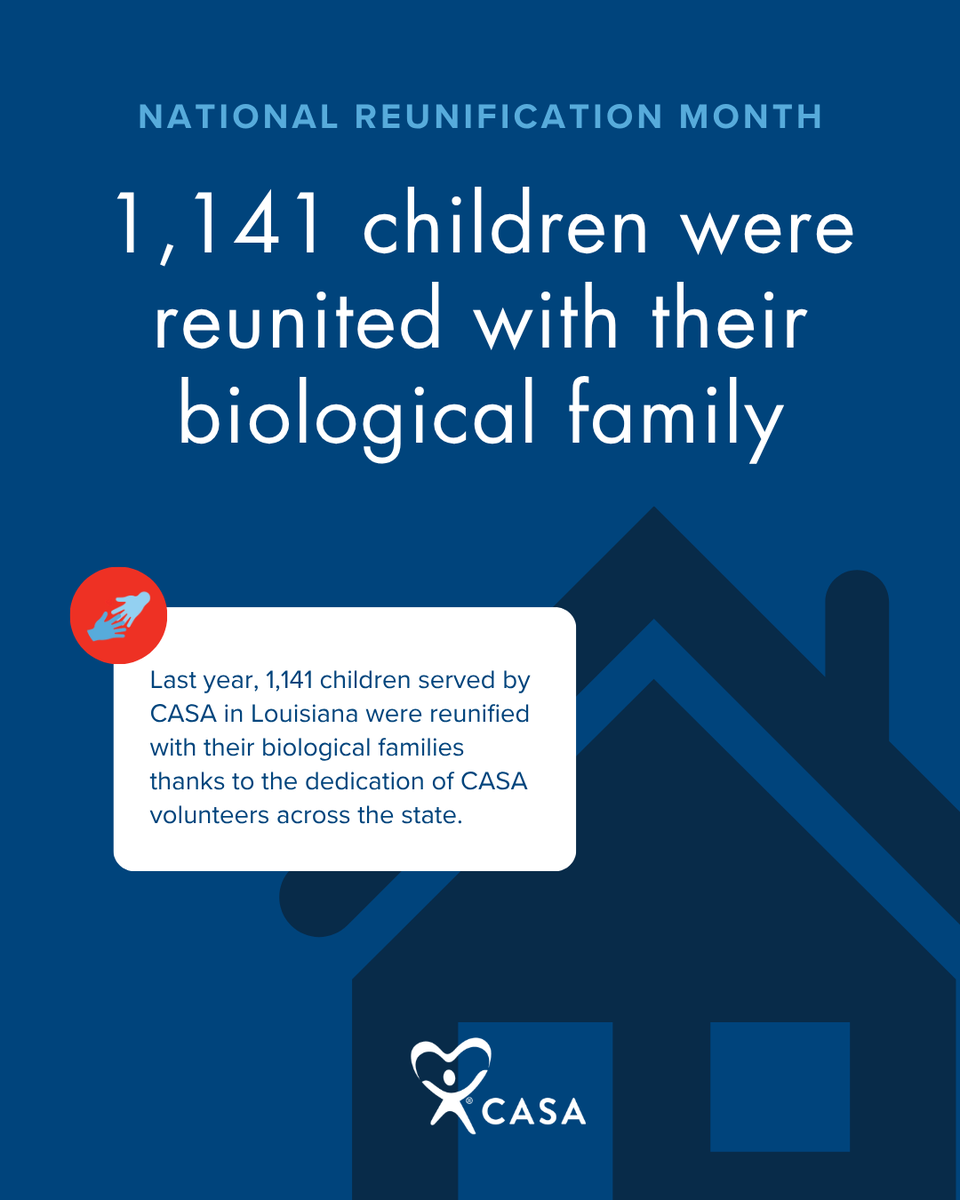 CASA18JDC's tweet photo. Last year, 1,141 children served by CASA in Louisiana were reunified with their biological families. These reunifications represent not just numbers, but real stories of resilience, healing, and hope. https://t.co/uZcn336bHw