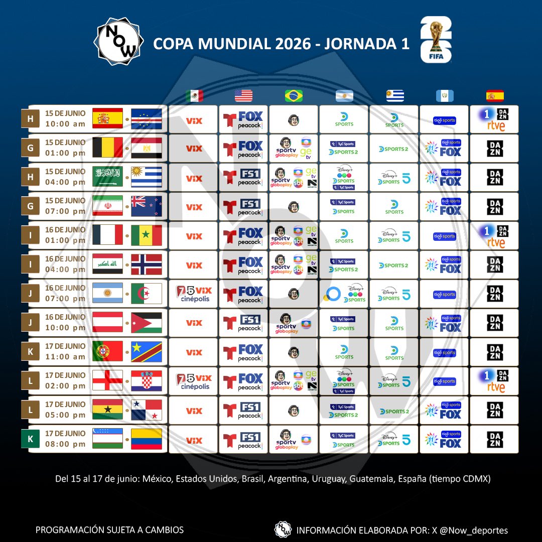 Now_deportes's tweet photo. Horarios y transmisiones de la Copa Mundial de la FIFA 2026 | Jornada 1

📅 11 al 17 de junio 2026
→ Transmisión para México, USA, Brasil, Argentina, Uruguay, Guatemala y España
→ 4 encuentros en México

🔃 RT y nos pueden seguir para más contenido exclusivo https://t.co/hRyZERA766