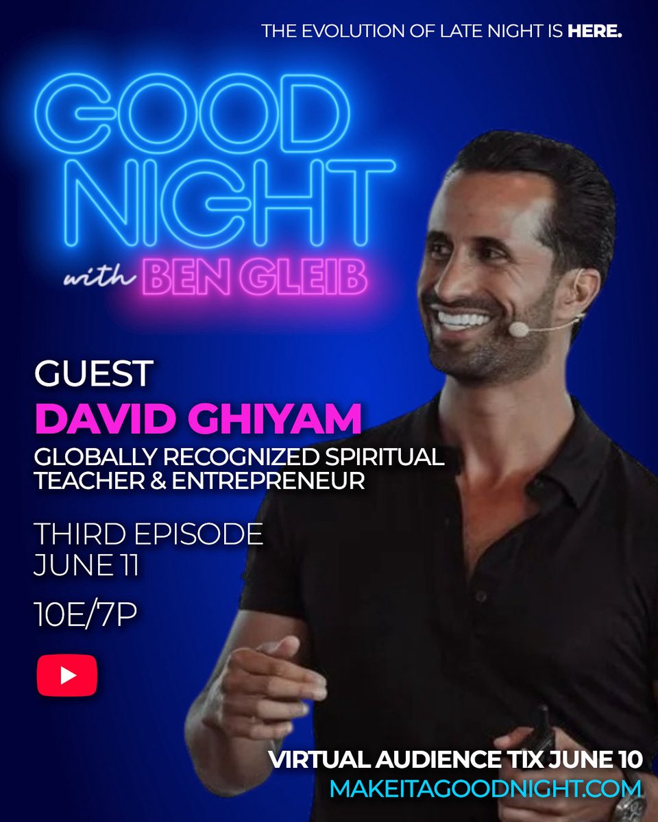 GoodNightwithBG's tweet photo. GUEST ANNOUNCEMENT 

We are thrilled to announce as one of our guests for Episode 3… none other than @davidghiyam 

From entrepreneurship to spirituality, David has inspired millions through his teachings on purpose, and creating a life aligned with your highest potential. https://t.co/220relFnfZ