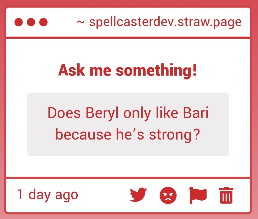SpellcasterDev's tweet photo. [Strawpage] That, his aggressiveness, and also because she thinks he's EXTREMELY hot. The latter makes her partner GAG whenever she says that though. 

Aside from the fact Jasper is terrified of him, he also thinks he's creepy-looking so he HATES hearing Beryl talk about him 🤢 https://t.co/uKQyra3vkY