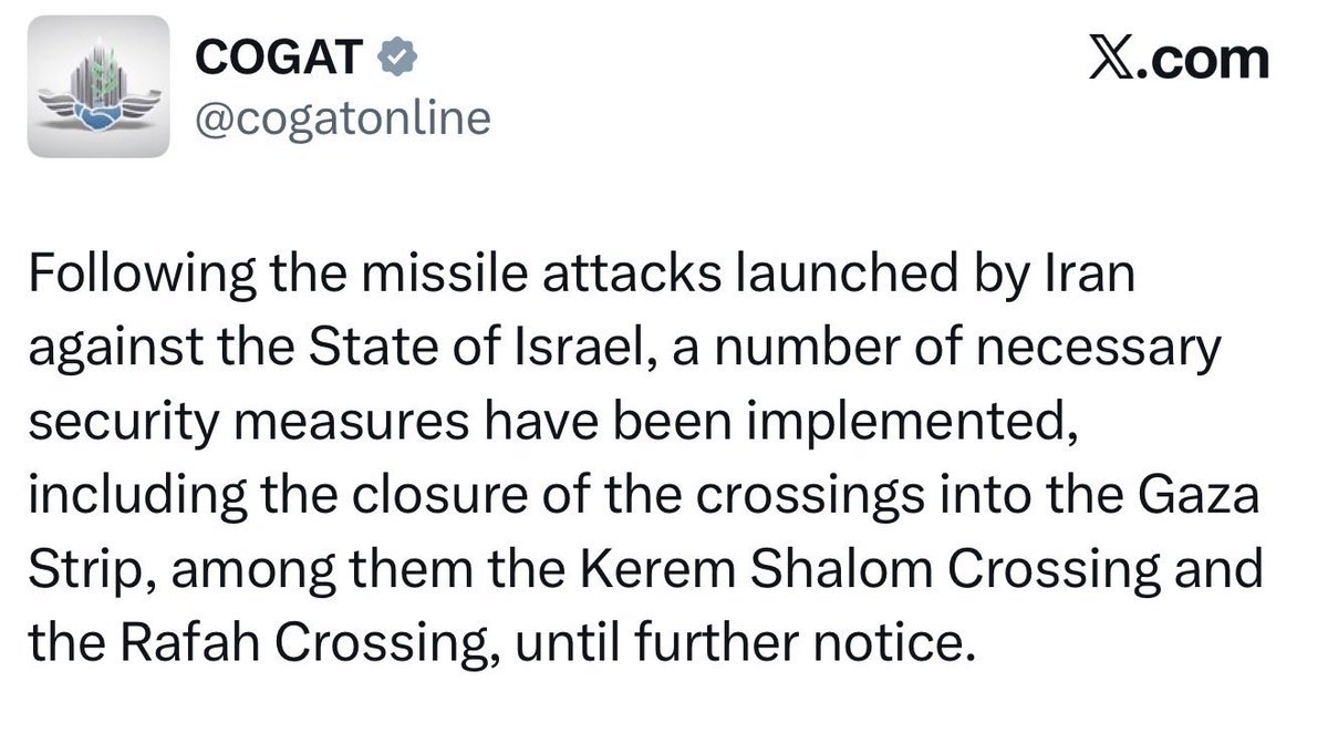 IhabHassane's tweet photo. BREAKING: Israel has closed all crossings into Gaza and halted the entry of humanitarian aid following the Iranian missile strikes on Israel.

Why do Palestinians in Gaza have to pay the price for Iranian missiles?

This is a disgusting collective punishment. https://t.co/SMa5u6wTEs