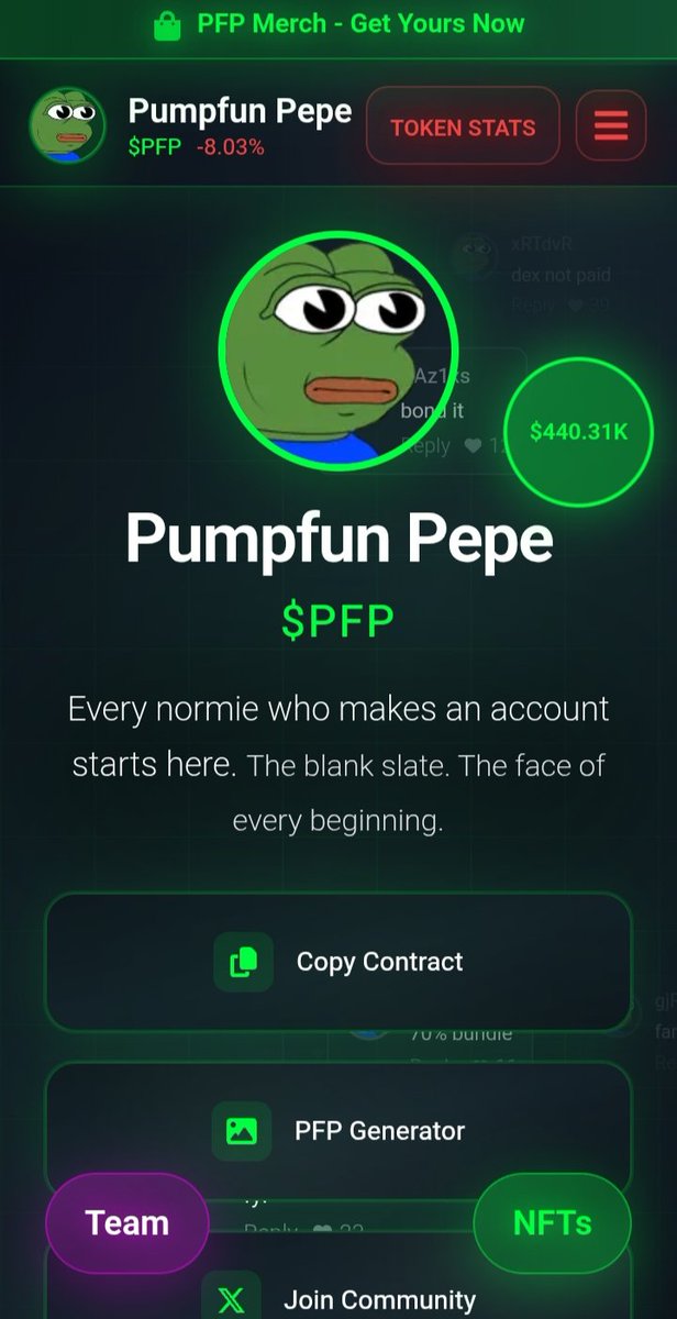 ShinniegalX's tweet photo. $PFP is becoming the unavoidable cult layer of memecoins right now

Not because it was marketed
Not because it was engineered

But because it was born inside the machine itself ☛ @Pumpfun

Every deployer, holder, trencher, rugger, and the rugged, all started from the same default face

Over 33M+ addresses on https://t.co/KM9BrACfDA, and that same Pepe identity sits at the origin of them all 🐸

Even with millions of tokens launched, each with their own meme, narrative, and chaos

They all trace back to the same source, PumpFun Pepe

That’s why $PFP stands out

It’s not just another meme coin
It’s the reflection of the entire ecosystem

Funny, unplanned, viral, everywhere at once, that’s the real power

Those Pac-Man 🕹️ eyes didn’t just trend, they became an identity

No matter the market, no matter the cycle

$PFP doesn’t need to convince anyone

and It’s already everywhere

Drop your best @pumpfun_pepe meme ⤵️