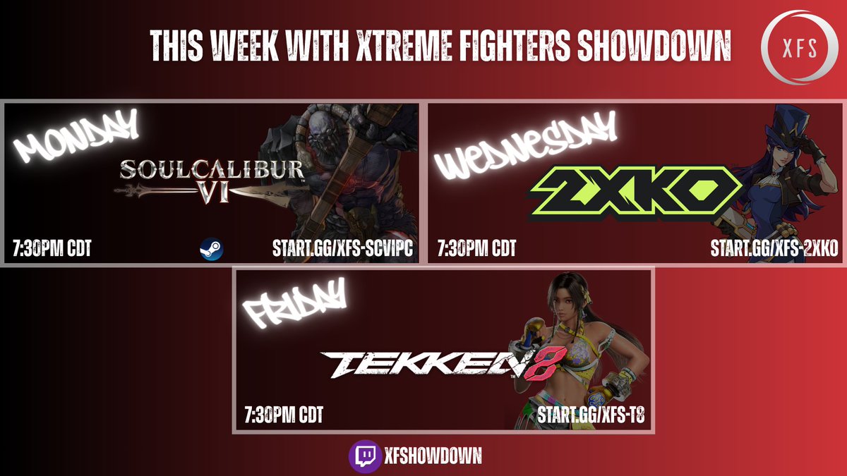xfshowdown's tweet photo. 📣This week with #XFS features Soulcalibur VI on PC, 2XKO &amp; Tekken 8!

📅 June 8th, 10th &amp; 12th @ 7:30PM CDT
💸 @matcherino Prize Pool for each Event
🔗 Free Registration for USA, Canada, Mexico &amp; the Caribbean: https://t.co/L53q1VLr3F

#xfshowdown #FGC https://t.co/48n4SLonTt