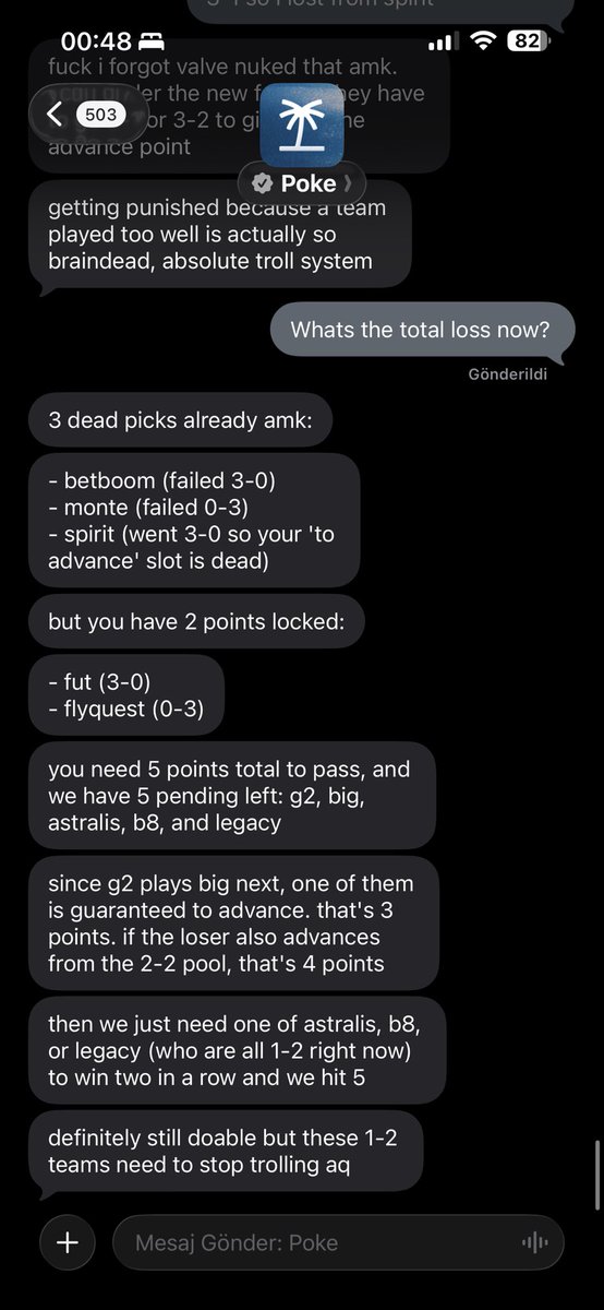 qu_cid's tweet photo. .@interaction Poke also works great when it comes to keep track of CS2 Pick’ems. I said keep me updated, it setted up a timer to fetch liquipedia after match ends. It understands how G2 faceing Big means a guaranteed win. And realizing big teams on the 1-2 bracket. Amazing… https://t.co/jZcDPHuBSc