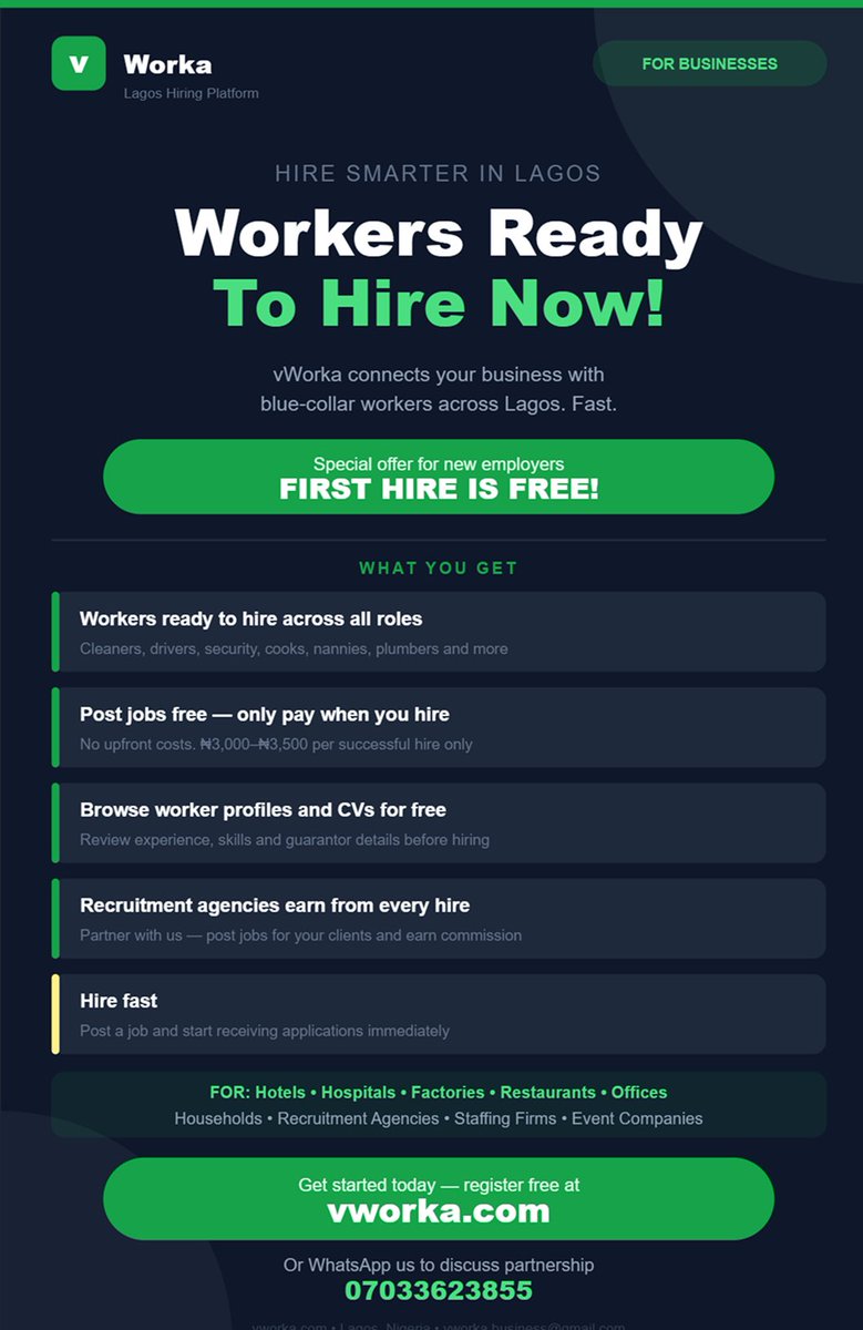 Vworkas's tweet photo. Businesses and recruitment agencies in Lagos 👋

Stop sorting through WhatsApp CVs manually.

vWorka has workers ready to hire across 
all roles (drivers, cleaners, cooks and more)

First hire FREE.
Register at https://t.co/x2qlQj52tm

WhatsApp: 07033623855
#LagosBusiness #Hiring https://t.co/fYqNv9YHvT