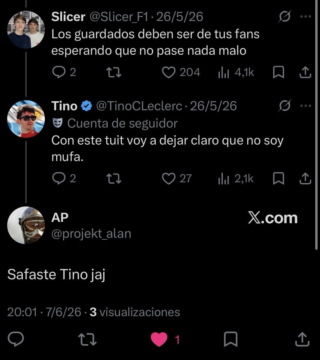 Slicer_F1's tweet photo. 🚨Último momento: 
Tino Leclerc no es mufa.

El joven twittero marplatense se salva de un carpetazo de época por parte de sus fanáticos que por supuesto no lo hubieran usado para descargar frustración en caso de un DNF https://t.co/2iBMnpeExj