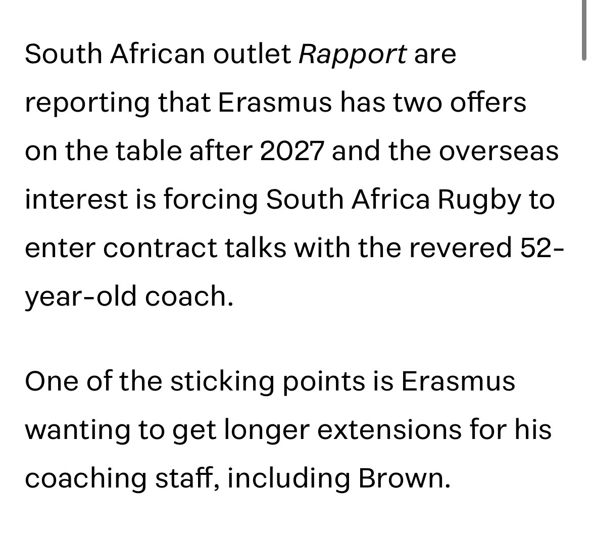 ChalynRugby's tweet photo. You’ve got to be a little positive here

Don’t forget that Rassie went a step further and publicly said he wouldn’t extend his own contract unless Tony Brown and the rest of his assistants extended theirs as well. That means something. It shows how important that coaching group is to him.

If Tony leaves, that’s effectively a decision that goes against Rassie’s wishes. The cracks are there. I don’t think Rassie will be happy about it, and for someone who likes having things go according to plan, it has to bother him.

Why do you think the All Blacks announced Tony’s signing two years early? Moves like that aren’t made by accident. It sends a message, creates stability, and maybe rattles the cart a little bit.

Sometimes it only takes one little move to start shifting the balance.

This may be it🤞 

#Allblacks #Springboks #Rugby