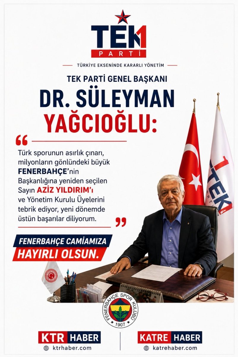 katrehabercom's tweet photo. #TEKParti Genel Başkanı 
Dr. #SüleymanYağcıoğlu:
“Türk sporunun asırlık çınarı, milyonların gönlündeki büyük #Fenerbahçe’nin #Başkan'lığına yeniden seçilen Sayın #AzizYıldırım’ı ve Yönetim Kurulu Üyelerini tebrik ediyor, yeni dönemde üstün başarılar diliyorum."
@DrYagcioglu https://t.co/tPjdrT4d7q