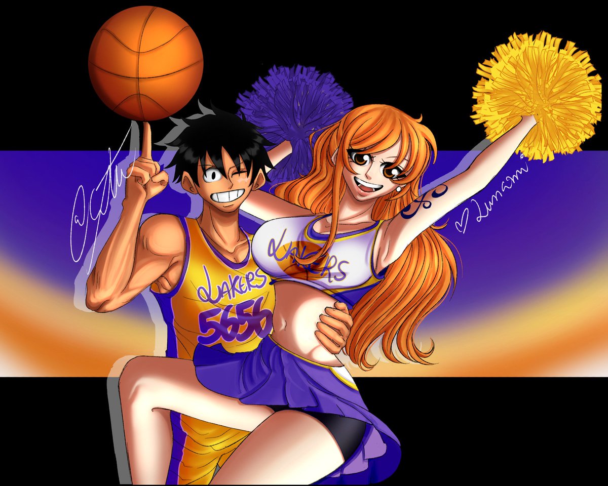 Chixyart's tweet photo. One piecexLakers collaboration! 🏀☀️ 
#ONEPIECE〜 #ONEPIECE 
#Onepiecexlakers #Lakers #Nami #Luffy https://t.co/bhYSxi52UK