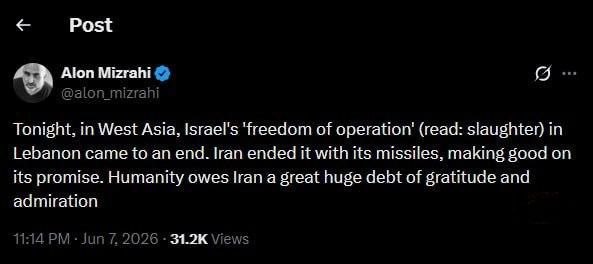 saade__h's tweet photo. @icem2 Alon Mizrahi :
Ce soir, la liberté d’action d’Israël (lire : les massacres) en Asie occidentale a pris fin au Liban.
L’Iran y a mis un terme avec ses missiles et a tenu sa promesse.
L’humanité doit à l’Iran une profonde reconnaissance ainsi qu’une grande admiration. https://t.co/rrgkBtbQnv