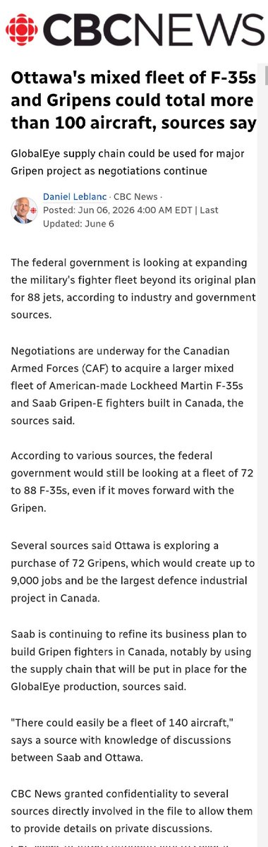 SmartyPresent's tweet photo. #cdnpoli
@MarkJCarney

The rumour mill is swirling with new speculation about what will comprise #Canada's new fighter jet fleet: up to 88 F-35s total and 72 Gripen E's, with a likely fleet of 140 aircraft, up from 88. That's peanuts compared to what the RCAF had in the 1950s. https://t.co/IYIxCbvUpV