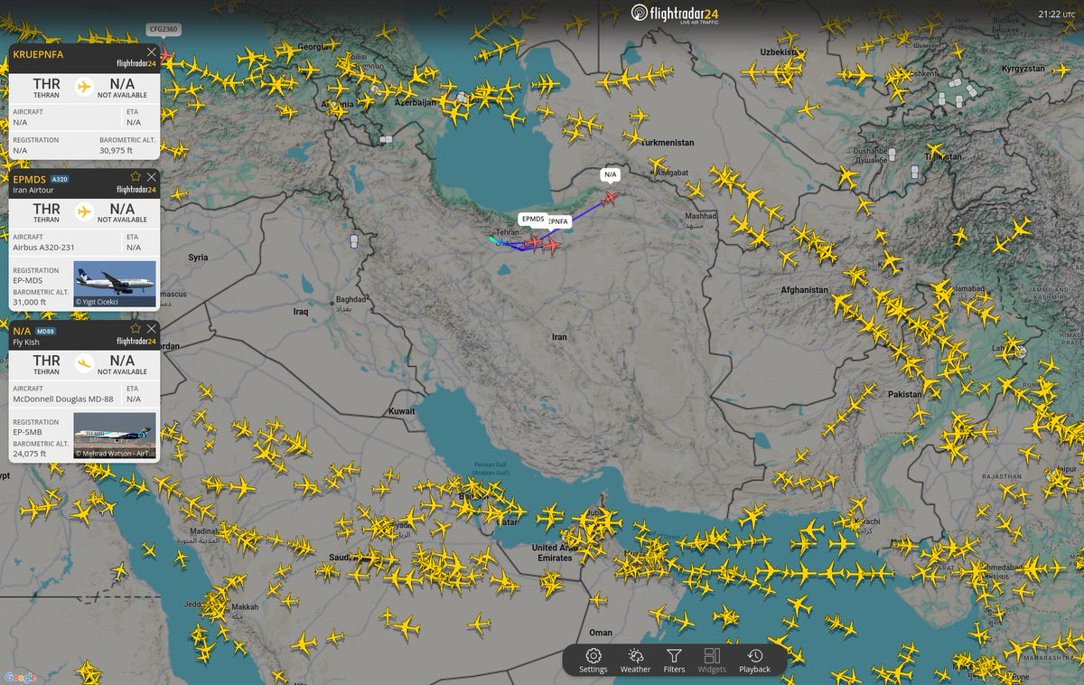 MelissaRedpill's tweet photo. WHAT DO YOU THINK?

Three aircraft have departed from Tehran to the east following the closure of airspace to the west.

I wonder if this is IRGC members who were getting the heck out of dodge…

You can run, but there is nowhere on this earth you can hide.

Justice will find you.