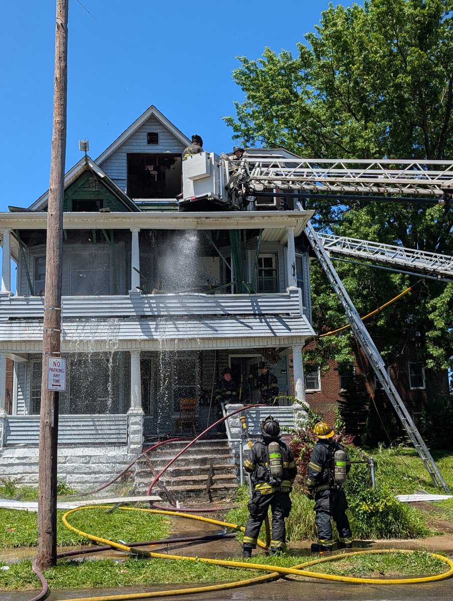 ClevelandFire's tweet photo. #CLEFIRE responded to a fire in a 3-story 3-family house on E.111 south of Superior this afternoon. Electrical fire on 2nd/3rd floors. 2 dogs, 1 hamster, 1 ferret rescued. 4 adults, 11 children displaced, being assisted by @RedCrossNOH   No injuries. $100K loss. 
#clefireonscene https://t.co/XnTSMu0nmo
