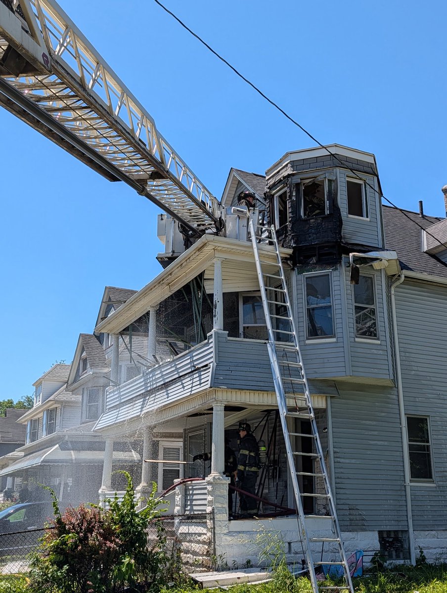 ClevelandFire's tweet photo. #CLEFIRE responded to a fire in a 3-story 3-family house on E.111 south of Superior this afternoon. Electrical fire on 2nd/3rd floors. 2 dogs, 1 hamster, 1 ferret rescued. 4 adults, 11 children displaced, being assisted by @RedCrossNOH   No injuries. $100K loss. 
#clefireonscene https://t.co/XnTSMu0nmo