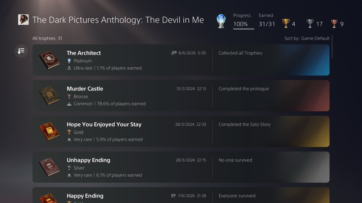 paulmagee92's tweet photo. Platinum Trophy #138 🏆 
Dark Pictures: The Devil in Me
#PS5 #PlayStation5 #PlatinumTrophy https://t.co/obCKpMGYpg