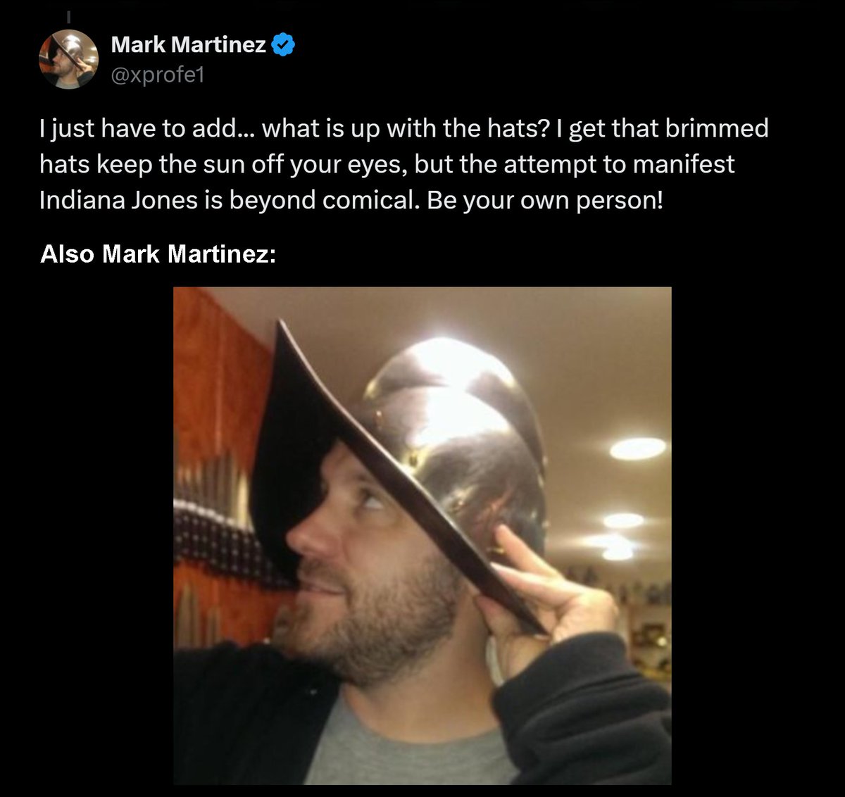 RobL4a1's tweet photo. @Gnosisinformant @JosephAPWilson1 and a hypocrite.
He was busting on Indiana Jones hats while wearing a conquistador helmet.
Definitely the same guy. https://t.co/mJlc3jGn0x