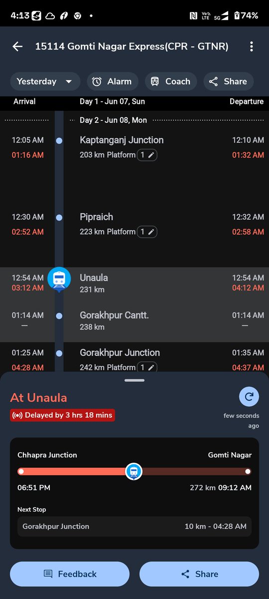IMKishan07's tweet photo. @RailwaySeva @m8910505 @drmbsbner This is the status of the train. It stayed more than 1 hour at UNAULA . No any relief till now . I don't know what is happening, taking 30 mins + to cover 1kms approx https://t.co/3L7pXlNeOp