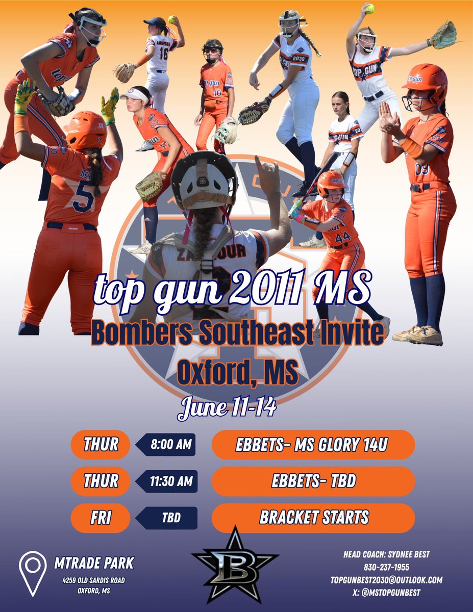 MSTopGunBest's tweet photo. A few days of resting and recharging after our weekend in Brandon!

Schedule for the Bombers Southeast Summer Invite in Oxford, MS👇🏼 

#SEI2026 https://t.co/tFBq6MRSHu