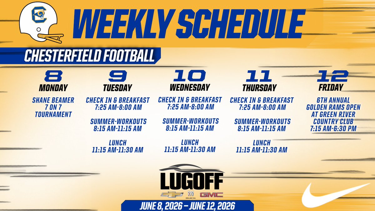 CFieldRamsFB's tweet photo. Weekly Schedule for June 8th-12th!!!!
#TWP
#TheRamWay
#TheField https://t.co/7C9aP2hTka