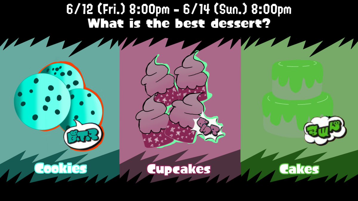 Custom_Fests's tweet photo. Check it out! Serenade Sity's Custom Splatfest has been announced! And the theme is... What is your favorite dessert? Cookies, Cupcakes or Cakes? The fest will be going from Friday June 12th and goes until Sunday, June 14th! Have fun! https://t.co/mNT6lcTG0R