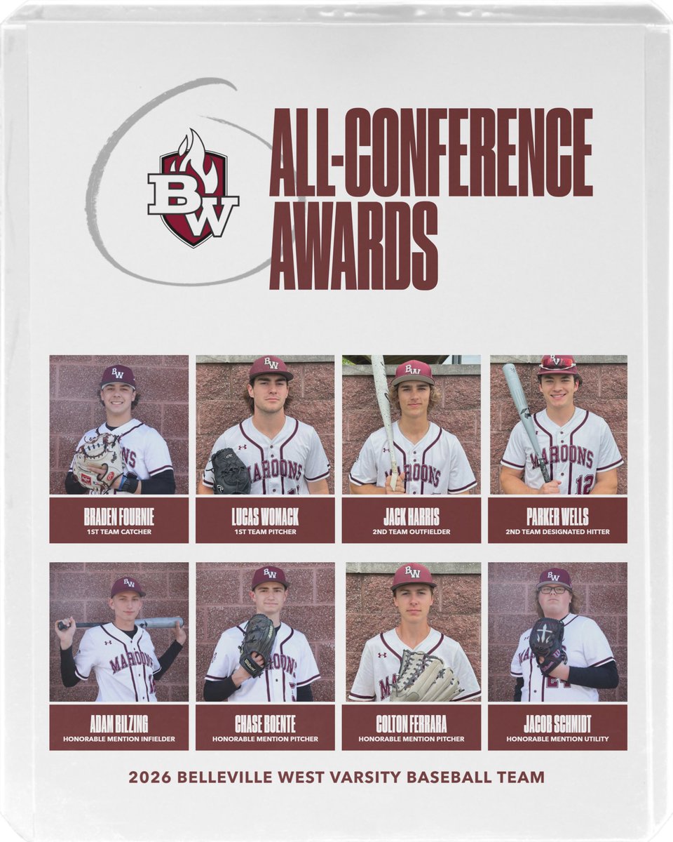 Maroon_Baseball's tweet photo. Congratulations to our Belleville West Maroons who earned All-Conference. 

1st Team
• Braden Fournie – C
• Lucas Womack – P

2nd Team
• Jack Harris – OF
• Parker Wells – DH

Hon. Mention
• Adam Bilzing – Inf
• Chase Boente – P
• Colton Ferrara – P
• Jacob Schmidt – Util. https://t.co/22Fc95OU2U