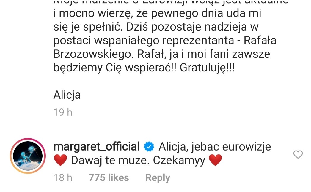 tomeesc's tweet photo. Wpis Alicji po wybraniu Rafała na Eurowizje https://t.co/zLWMeEhcrA