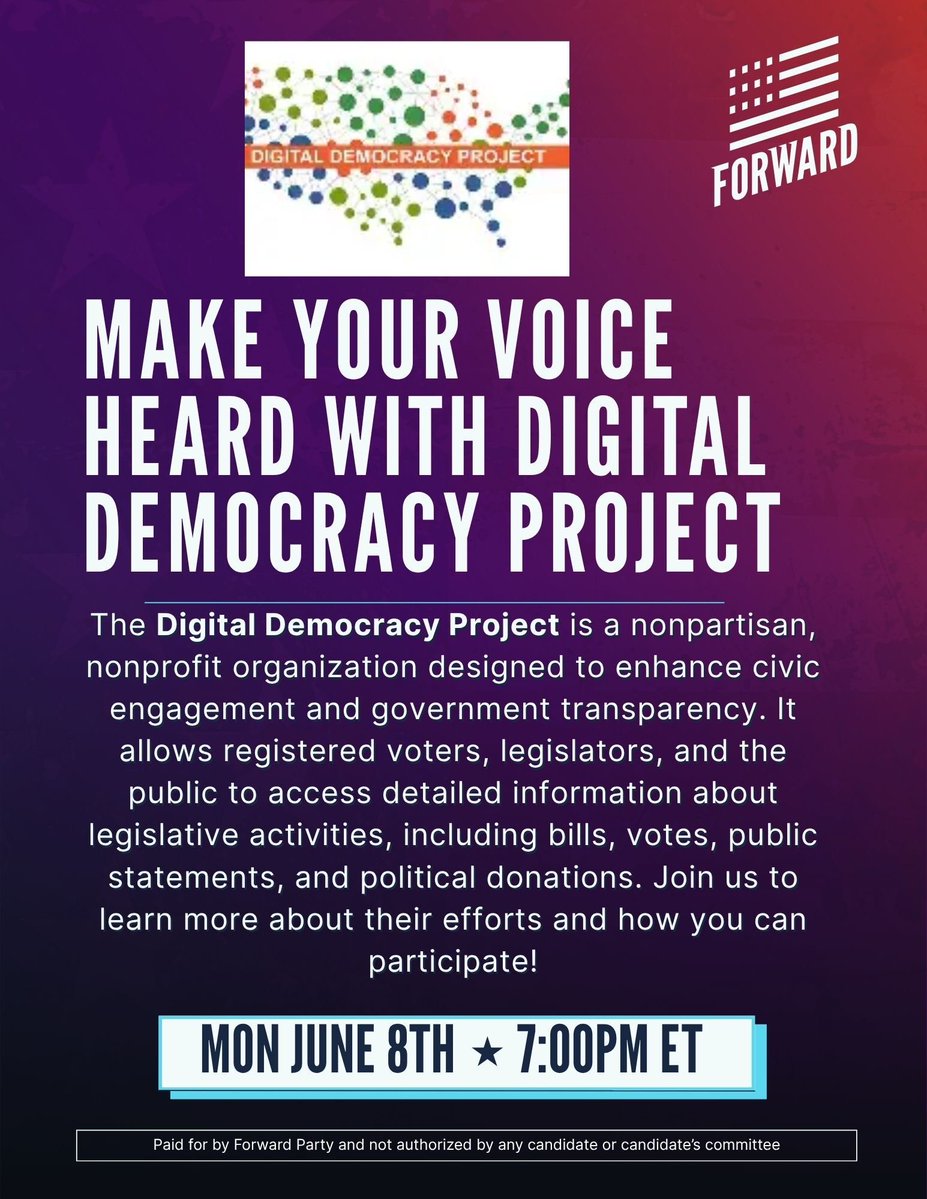 Fwd_Party's tweet photo. YOU have the power to influence your legislators—right on your phone!

Come listen to Sadie from the Digital Democracy Project on what bills are hot and how you can share your vote TOMORROW.

RSVP! https://t.co/wmQGtXTouQ https://t.co/mw6sMQ86Uw