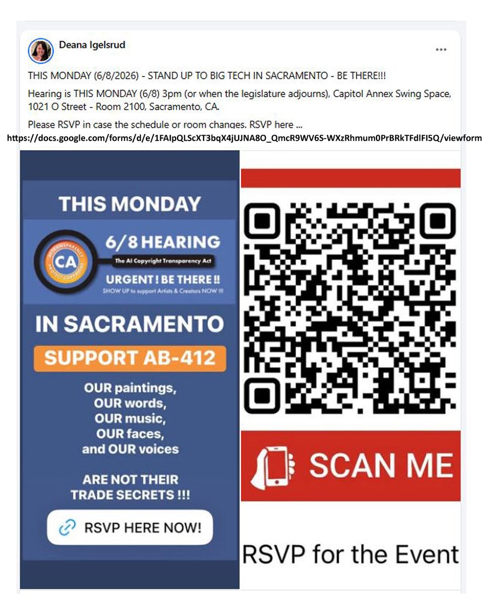SILosAngeles's tweet photo. AB - 412: THIS MONDAY (6/8/2026) - STAND UP TO BIG TECH IN SACRAMENTO - BE THERE!!!

Hearing is THIS MONDAY (6/8) 3pm (or when the legislature adjourns), Capitol Annex Swing Space, 1021 O Street - Room 2100, Sacramento, CA.

https://t.co/gtIYKJT0N1 https://t.co/9UIK64u2AE