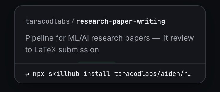 shivafpx's tweet photo. Aiden is now on SkillHub.

Our research-paper-writing skill can take ML/AI papers from literature review → LaTeX submission workflow.

install Aiden skills directly from the terminal using Claude Code, Copilot, Codex, and other AI agents.

https://t.co/D5kSyvPZtV https://t.co/2GC7xQs4Fr