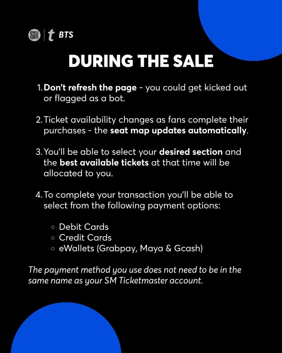 philconcerts's tweet photo. ATTENTION, PH ARMY. 

You may join the waiting room up to 30 minutes before the sale begins.

Use only 1 browser or tab per date.

Payment options:
Debit Cards, Credit Cards, Grabpay, Maya, and Gcash. https://t.co/gmN20pX3tw