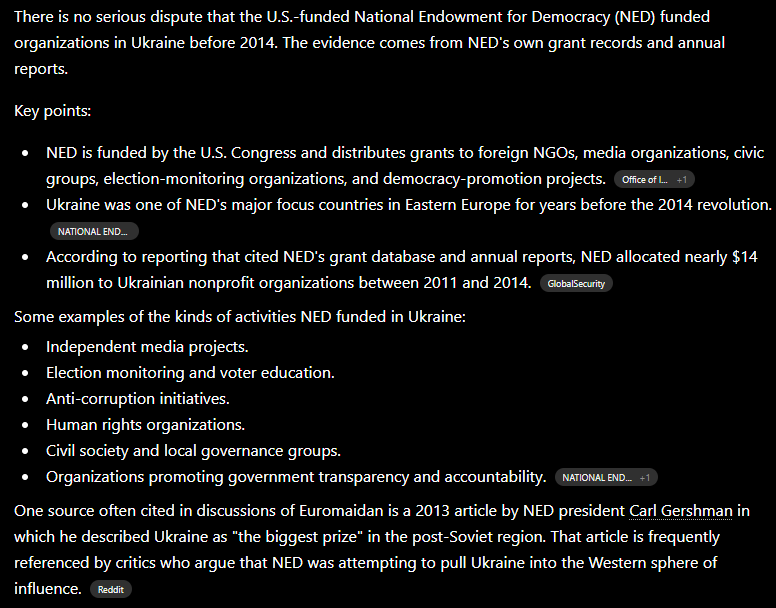 MarsAutomatic's tweet photo. @TaxEveryone @GuidoBosque @SpookyParty64 @commsurreallism @Inhumansoflate1 I hate to do this but BRUHHH even ChatGPT is like "uhh...no shit? This isn't really debated at all? The NED kind of admits all of this openly?" Being too ignorant, lazy, and incurious to even do a GPT query is some next level shit. https://t.co/6b9lQ9SqK4