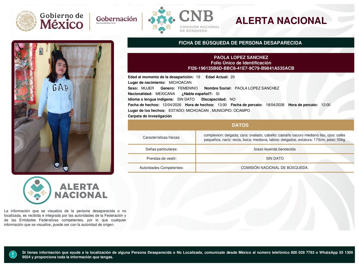 Busqueda_MX's tweet photo. ⚠️ #AlertaNacional de Búsqueda | #Nacional
Ayúdanos a difundir para ampliar su localización:

José Raúl Quintero Heras - Estado de México
Paola López Sánchez - Michoacán
Jorge Gonzalo Pérez Arias - Jalisco
Martha Alicia Ortiz García - Zacatecas

La difusión es clave. Si cuentas con información, comunícate de inmediato:
📞 Desde México: 800 028 77 83
🌎 Desde el extranjero: +52 182 52 62 31 09
📱WhatsApp: 55 1309 9024
📍#Edomex #Michoacán #Jalisco #Zacatecas #PersonasDesaparecidas #AlertaNacional #BúsquedaNacional #HastaEncontrarles