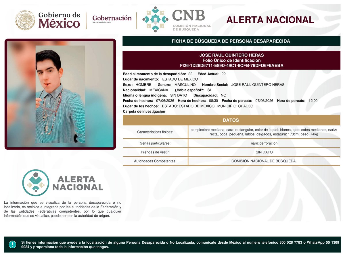 Busqueda_MX's tweet photo. ⚠️ #AlertaNacional de Búsqueda | #Nacional
Ayúdanos a difundir para ampliar su localización:

José Raúl Quintero Heras - Estado de México
Paola López Sánchez - Michoacán
Jorge Gonzalo Pérez Arias - Jalisco
Martha Alicia Ortiz García - Zacatecas

La difusión es clave. Si cuentas con información, comunícate de inmediato:
📞 Desde México: 800 028 77 83
🌎 Desde el extranjero: +52 182 52 62 31 09
📱WhatsApp: 55 1309 9024
📍#Edomex #Michoacán #Jalisco #Zacatecas #PersonasDesaparecidas #AlertaNacional #BúsquedaNacional #HastaEncontrarles