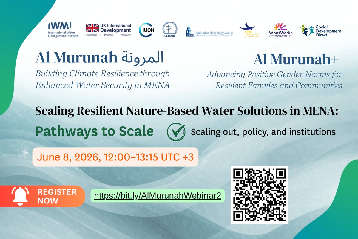 IWMI_'s tweet photo. 🌿 How do you scale resilient nature-based water solutions that are already delivering results across MENA? Join Webinar 2 to find out more. 

Register now 👉 https://t.co/lP7QKFL0P8

#AlMurunah @FCDOGovUK @IWMI_ @IUCN @CEDARE_ORG @palestinianHG @WW2PreventVAWG @SpnlOrg https://t.co/SoErFmaVER